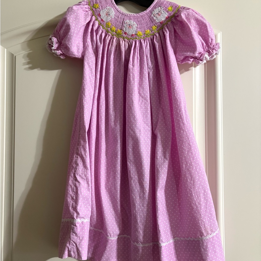 Sweet Pink Dress Smocked with embroidered lamb’s and flowers